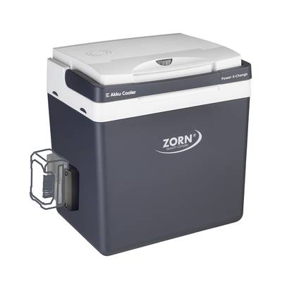 Un contenitore termico grigio con coperchio bianco, con il nome del marchio 'Zorn' visibile. Sul lato è presente un apribottiglie. Perfetto per viaggiare.