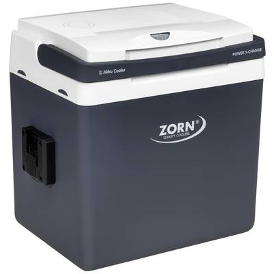 Frigorifero elettrico Zorn in grigio scuro con coperchio bianco, manico laterale. Modello: Power X-Change, per uso mobile.
