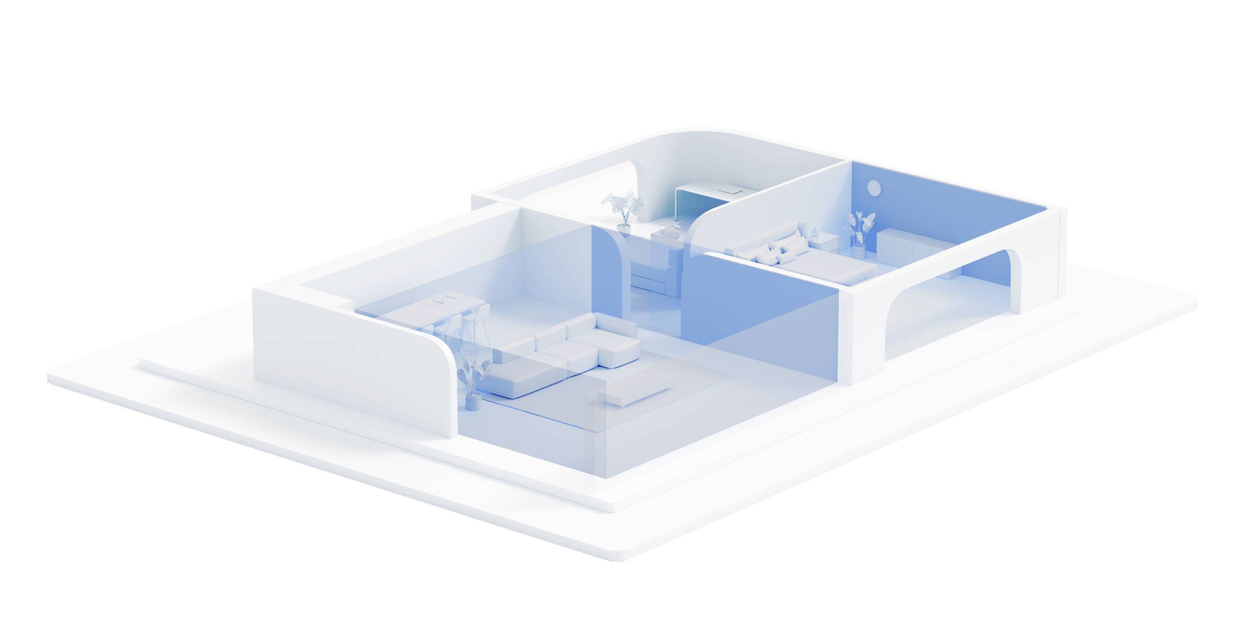 Una planimetria 3D mostra un appartamento moderno con una camera da letto, un bagno, un soggiorno e una cucina, il tutto in blu e bianco.