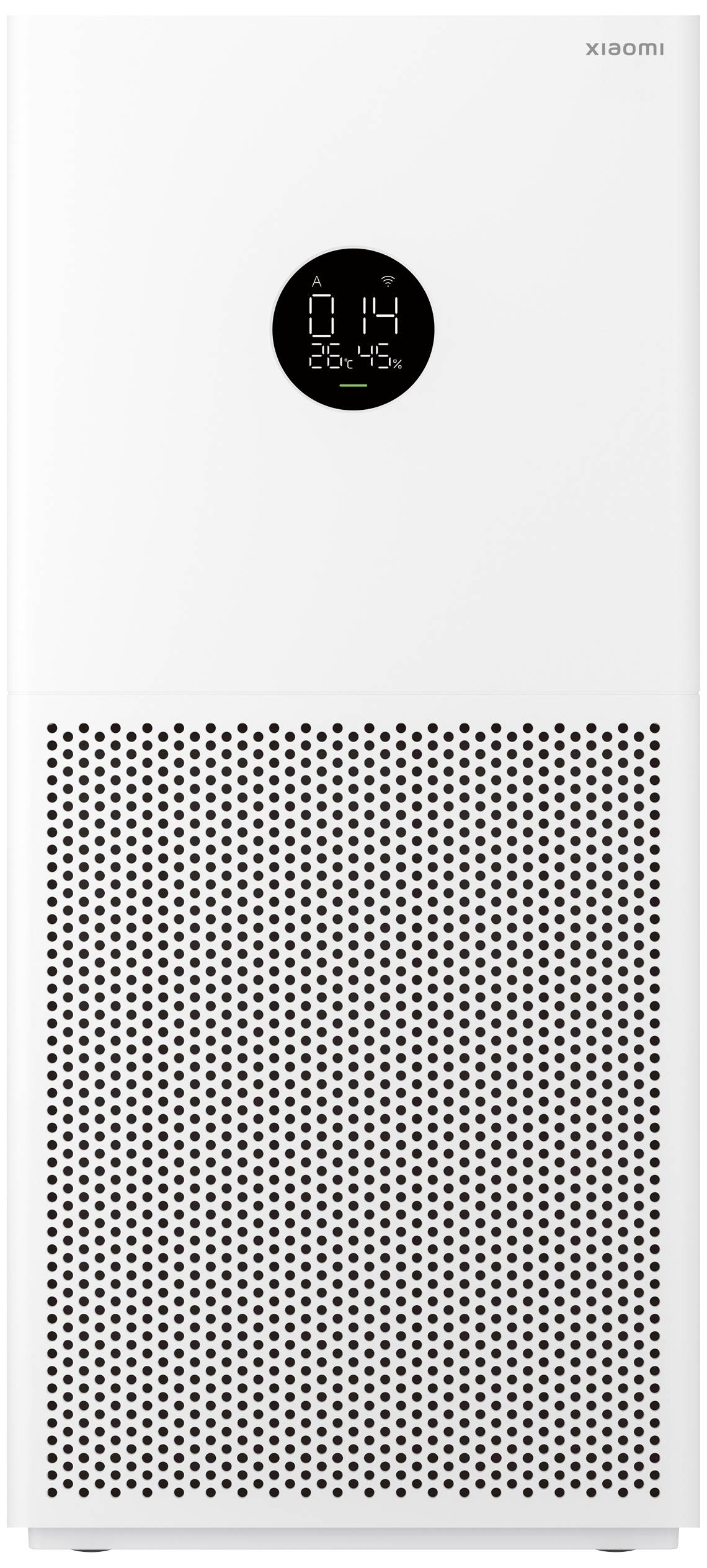 Un purificatore d'aria bianco con un display digitale che mostra i numeri '014' e '26,4%'. Il dispositivo ha un motivo traforato.