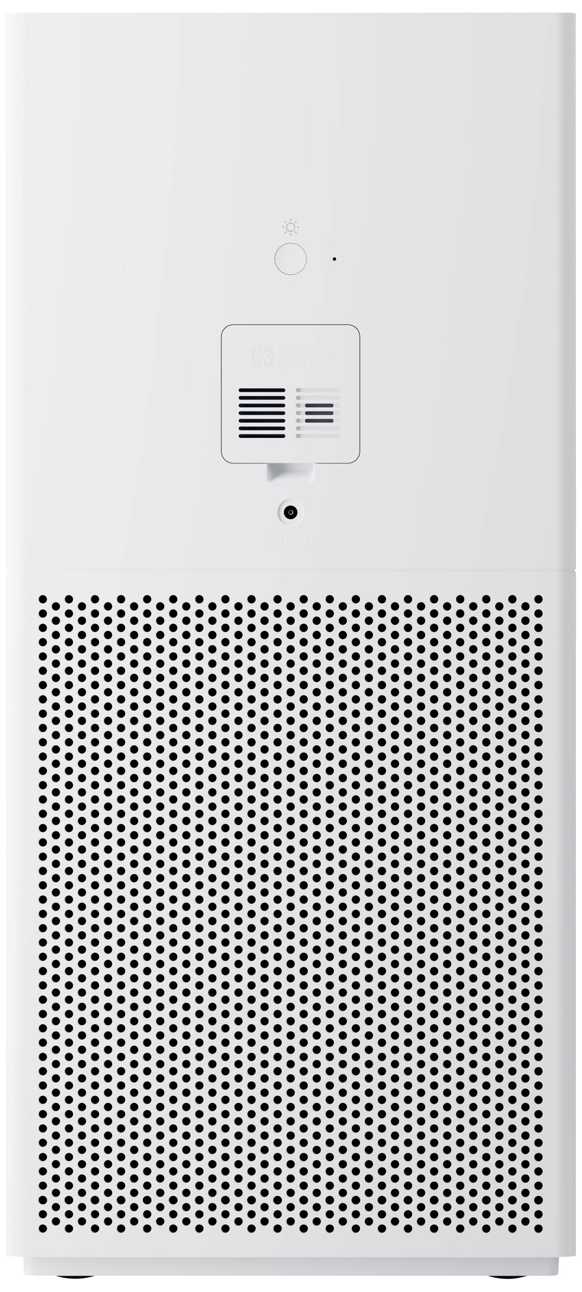 Purificatore d'aria dal design minimalista, rettangolare, bianco, con griglia forata per la circolazione dell'aria. In alto sono posizionati i comandi.