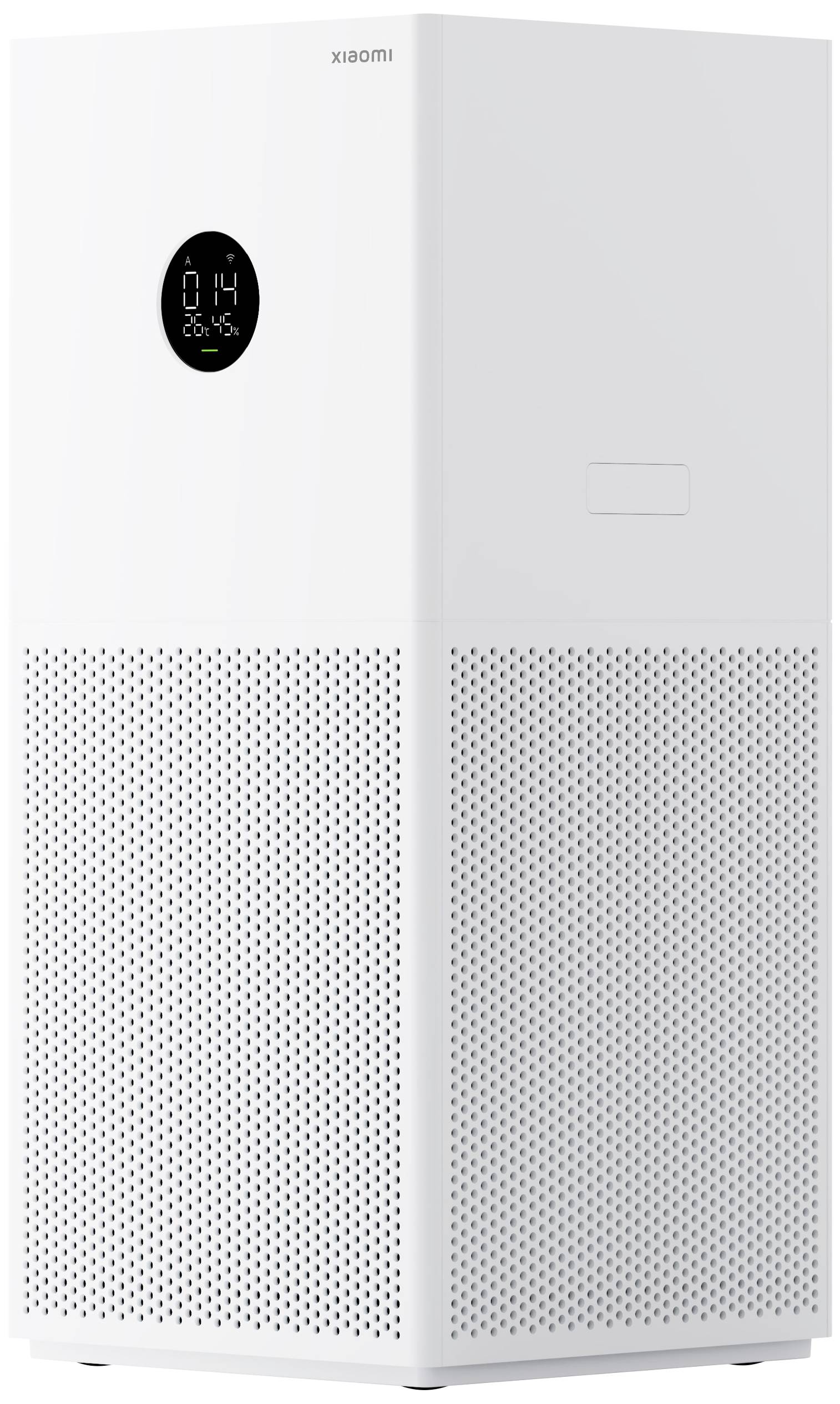 Purificatore d'aria bianco a forma rettangolare con display digitale nella parte superiore. Sul display vengono mostrati l'ora e la temperatura.