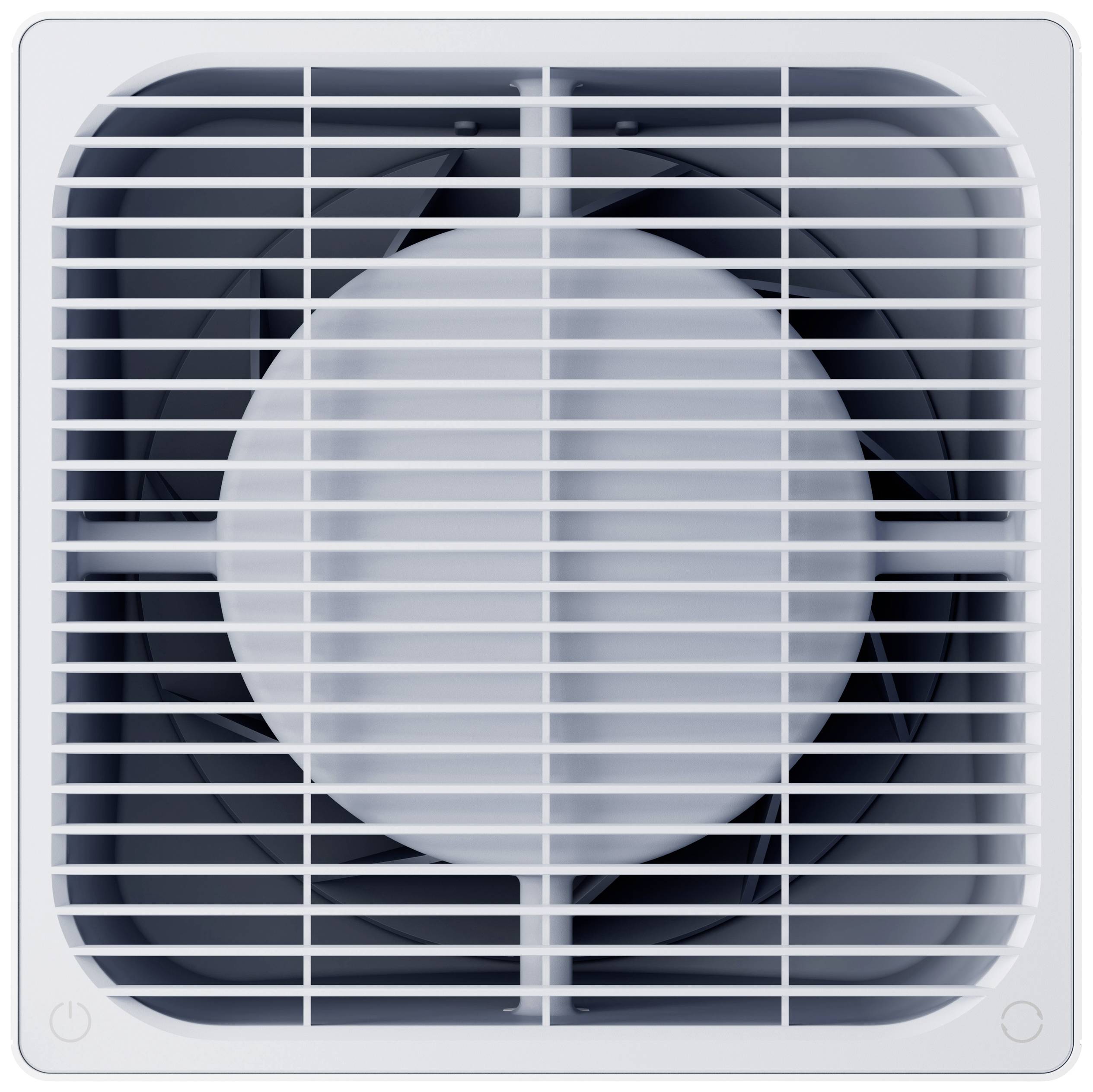 Un ventilatore bianco con una griglia quadrata in primo piano, visibile dall'alto.