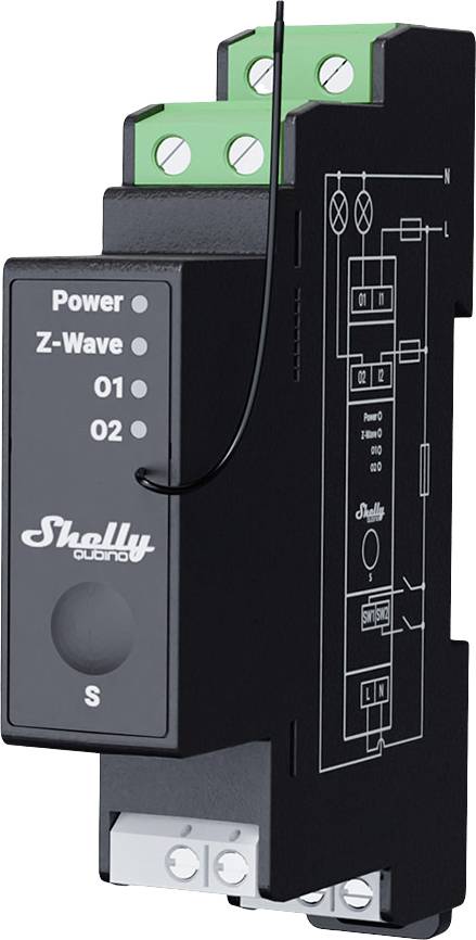 Un modulo smart home nero e rettangolare con connessioni in alto e in basso, che mostra 'Power', 'Z-Wave', '01', '02' e uno schema di collegamento.