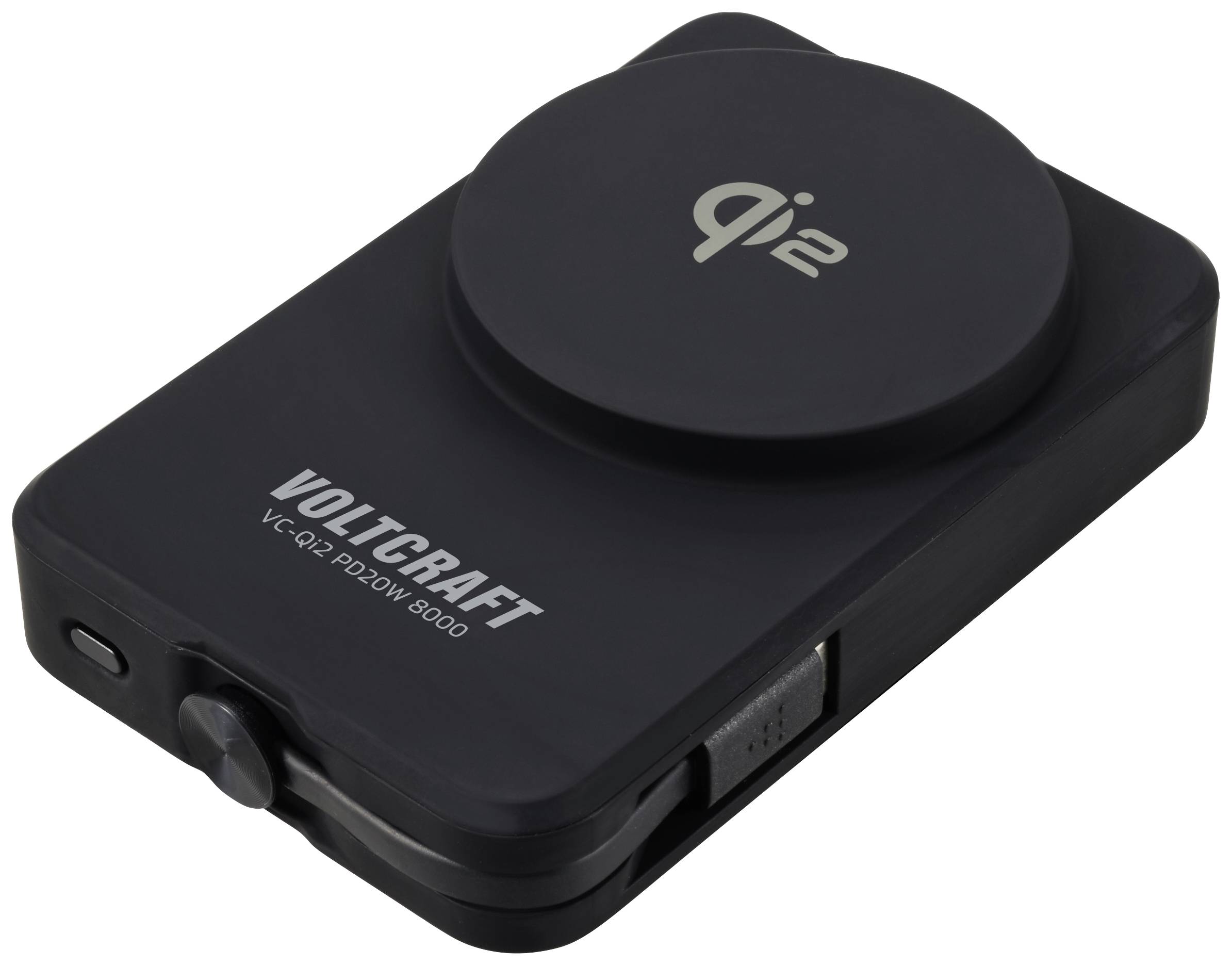 Caricabatterie con logo Qi, adatto per la ricarica wireless dei dispositivi. Contrassegnato come VOLTCRAFT VC-QI 2 POWER 8000.