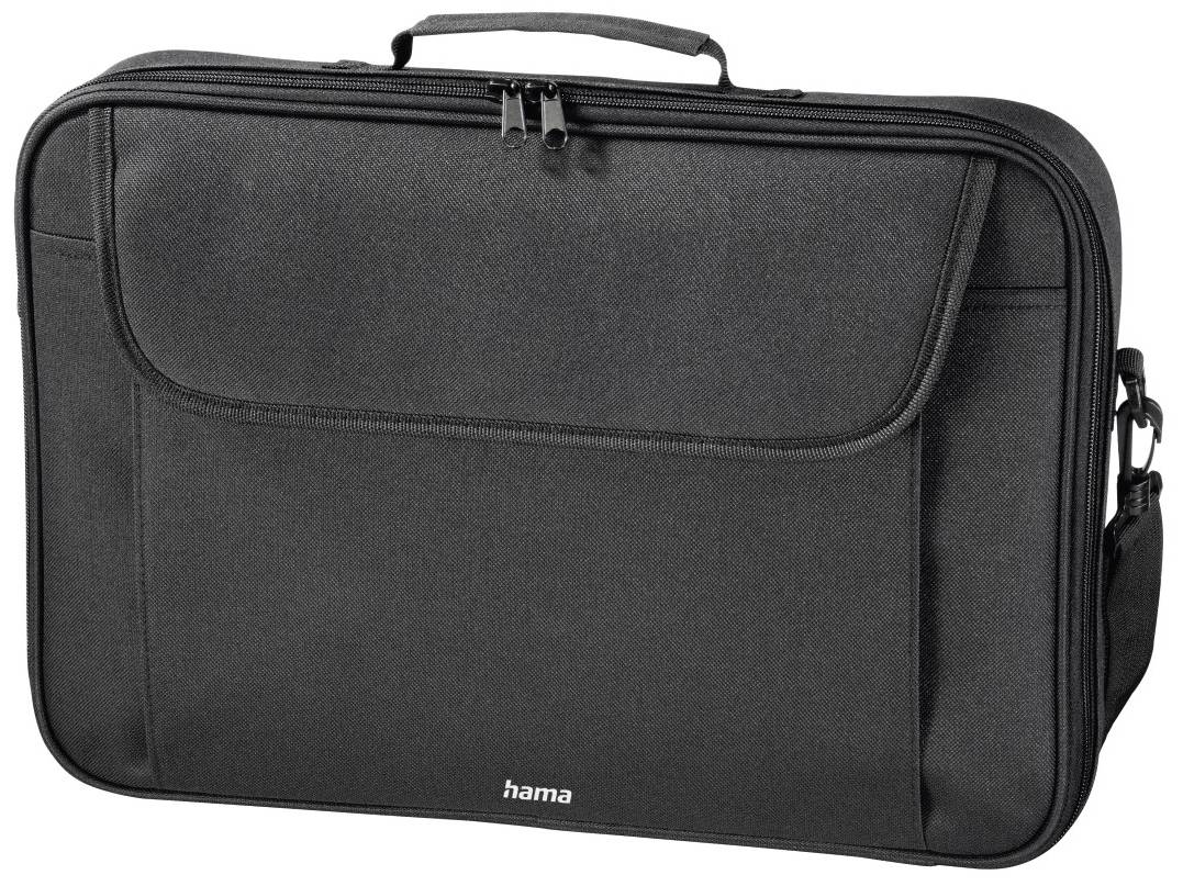 Borsa nera per laptop con manico, cerniera e tasca anteriore, idonea per il trasporto sicuro di computer portatili.