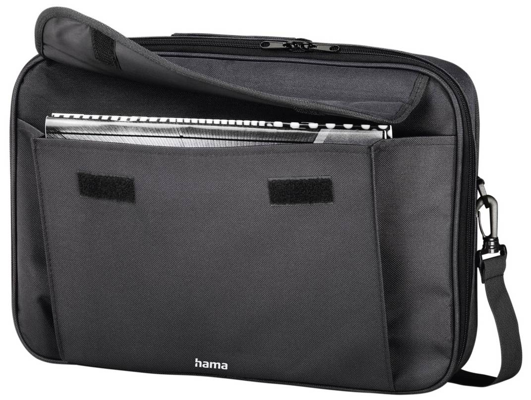 Borsa a tracolla in tessuto nero con scomparto principale per laptop e tasca esterna aggiuntiva, leggermente aperta.