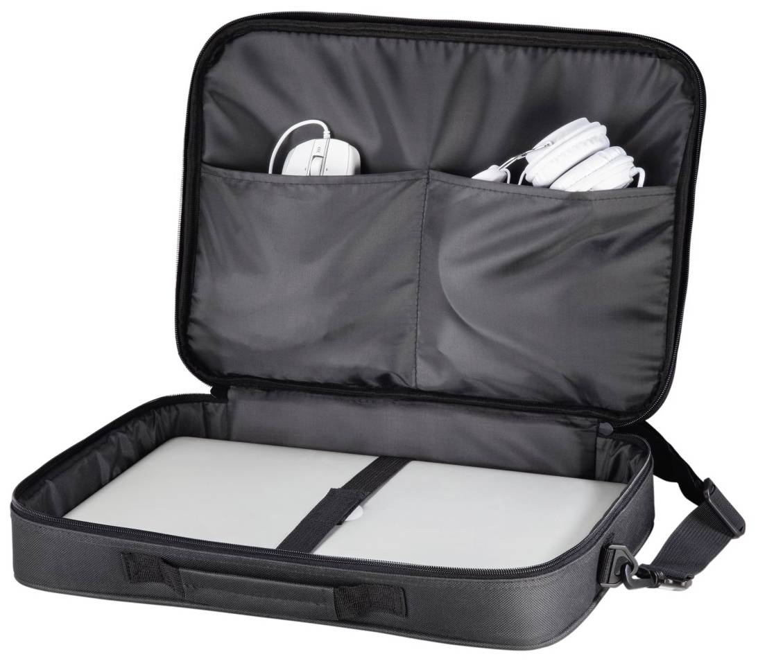 Borsa porta laptop nera aperta con più scomparti, contenente un laptop, delle cuffie e un mouse.