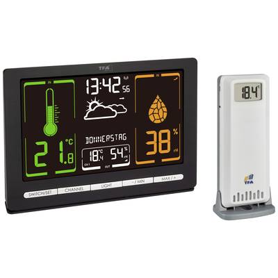 Stazione meteorologica digitale con display: temperatura interna 21°C, temperatura esterna 18,4°C. Ora 13:42, giorno 'Giovedì', umidità 38%.