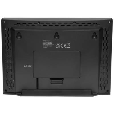 Retro di un dispositivo elettronico con marchi di certificazione CE e UKCA e un'indicazione: 'AC 5.0V'.