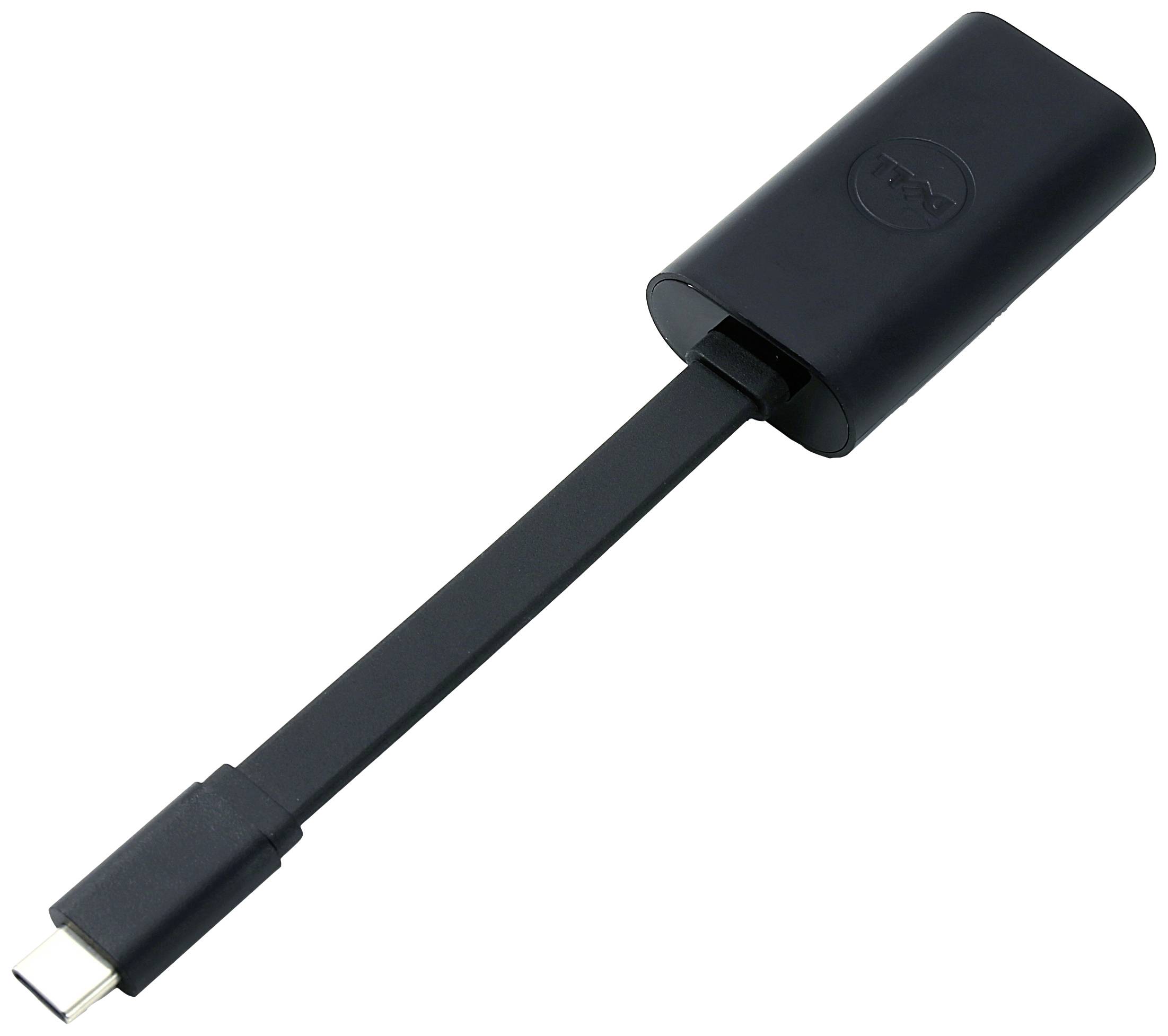 Un adattatore nero da USB-C a Ethernet con alloggiamento ovale e cavo piatto.