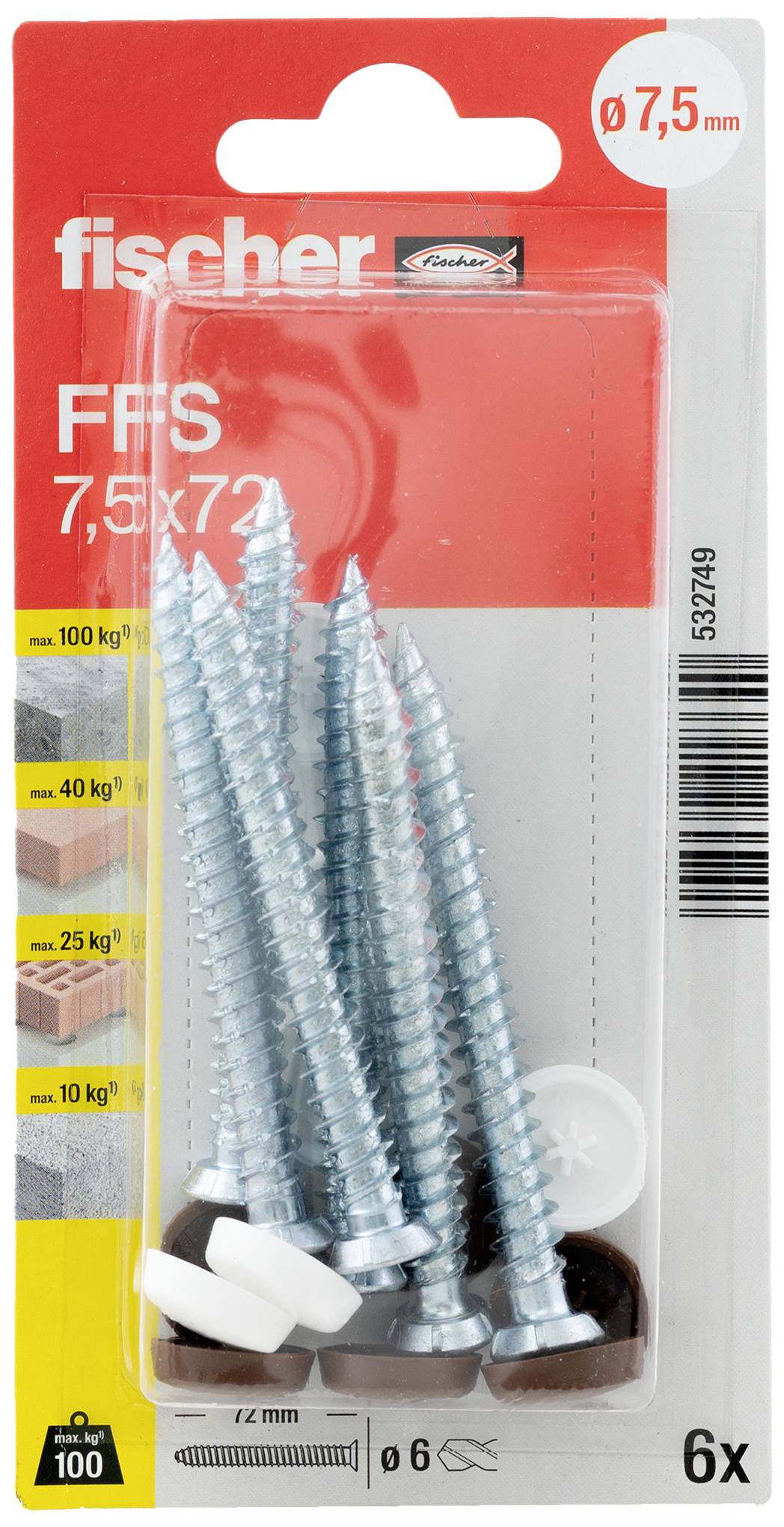 Confezione contenente sei viti metalliche Fischer delle dimensioni 7,5 x 72 mm. Include anche tasselli ed è adatta a diversi carichi portanti.