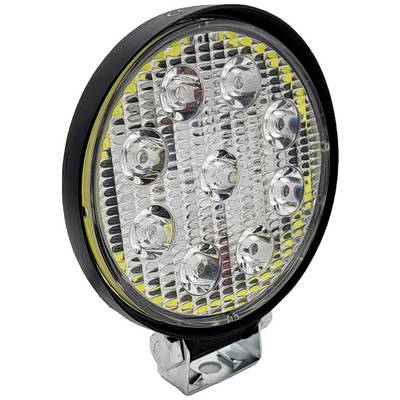 Faro LED rotondo con nove singoli moduli luminosi, montato in un alloggiamento nero con supporto argentato.