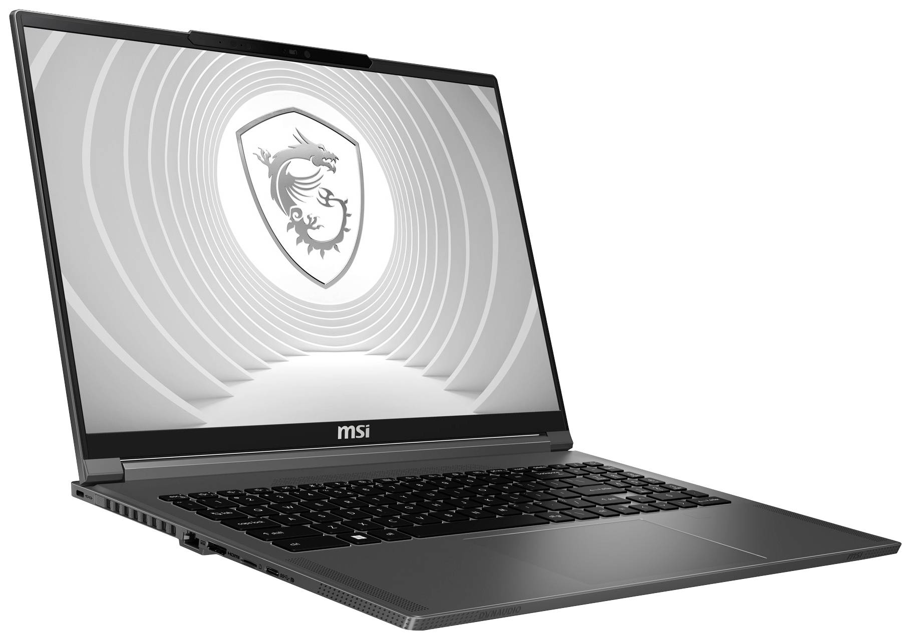 Un laptop MSI aperto, fotografato da un angolo, con l'immagine di un logo a forma di drago sullo schermo.