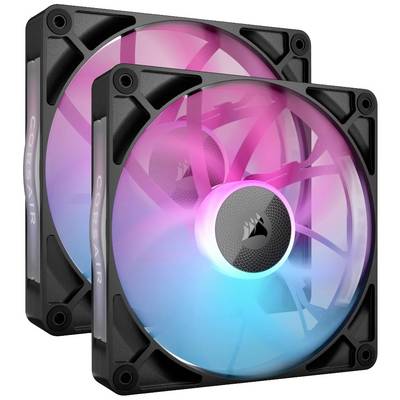 Due ventole controllate da computer con LED RGB mostrano un gradiente luminoso rosa-blu con cornice nera.