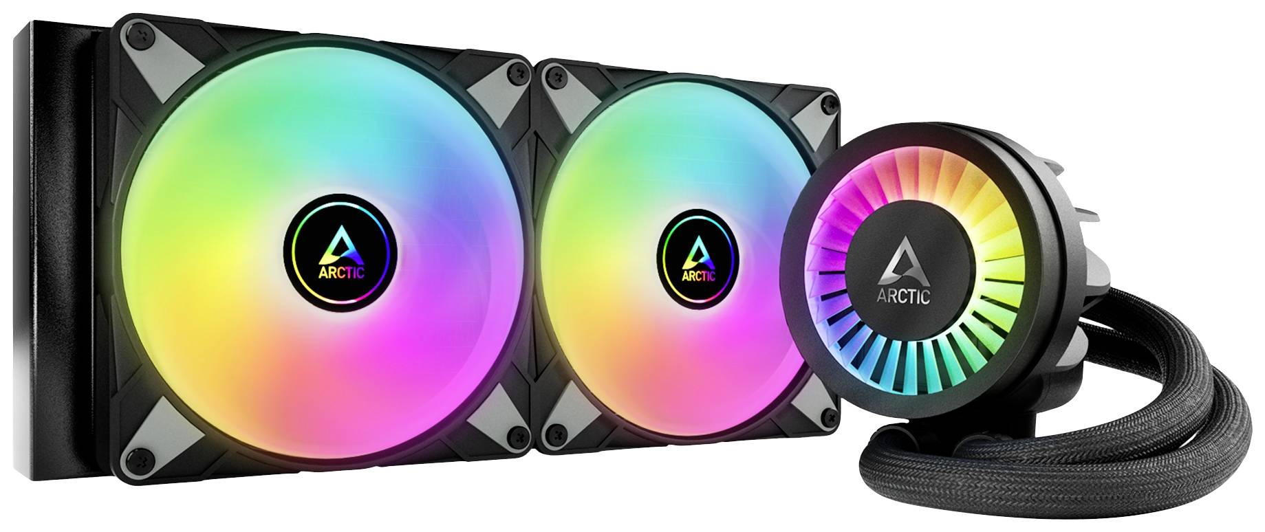 Due ventole RGB colorate e una pompa di raffreddamento rotonda con il logo 'Arctic'. Ideale per il raffreddamento del PC.