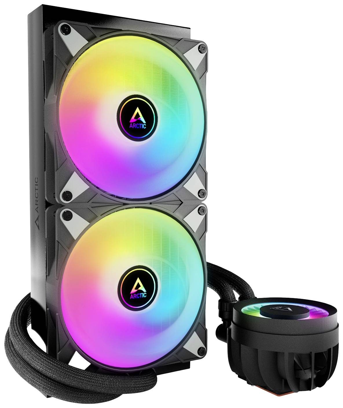 Due ventole LED luminose con colori arcobaleno, montate su un dissipatore di calore. Accanto a destra è posizionata una ventola di raffreddamento ad acqua rotonda per CPU.