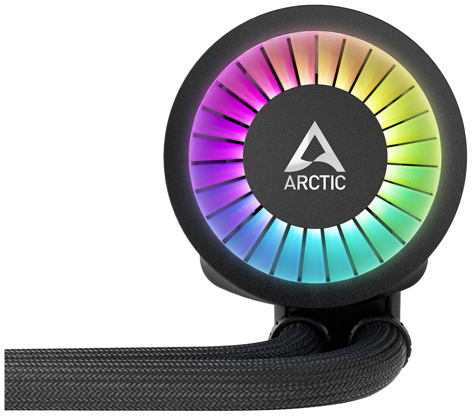 Radiatore nero rotondo con illuminazione RGB che si illumina nei colori dell'arcobaleno, con logo al centro, collegato a tubi neri.