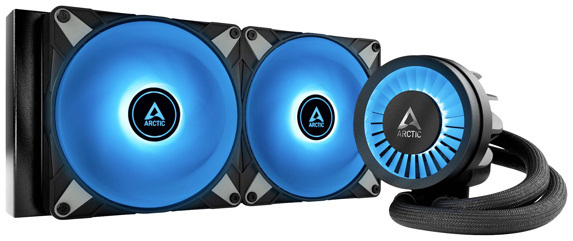 Due ventole blu illuminate e un'unità di dissipazione termica adiacente con il logo 'Arctic' per hardware per computer.