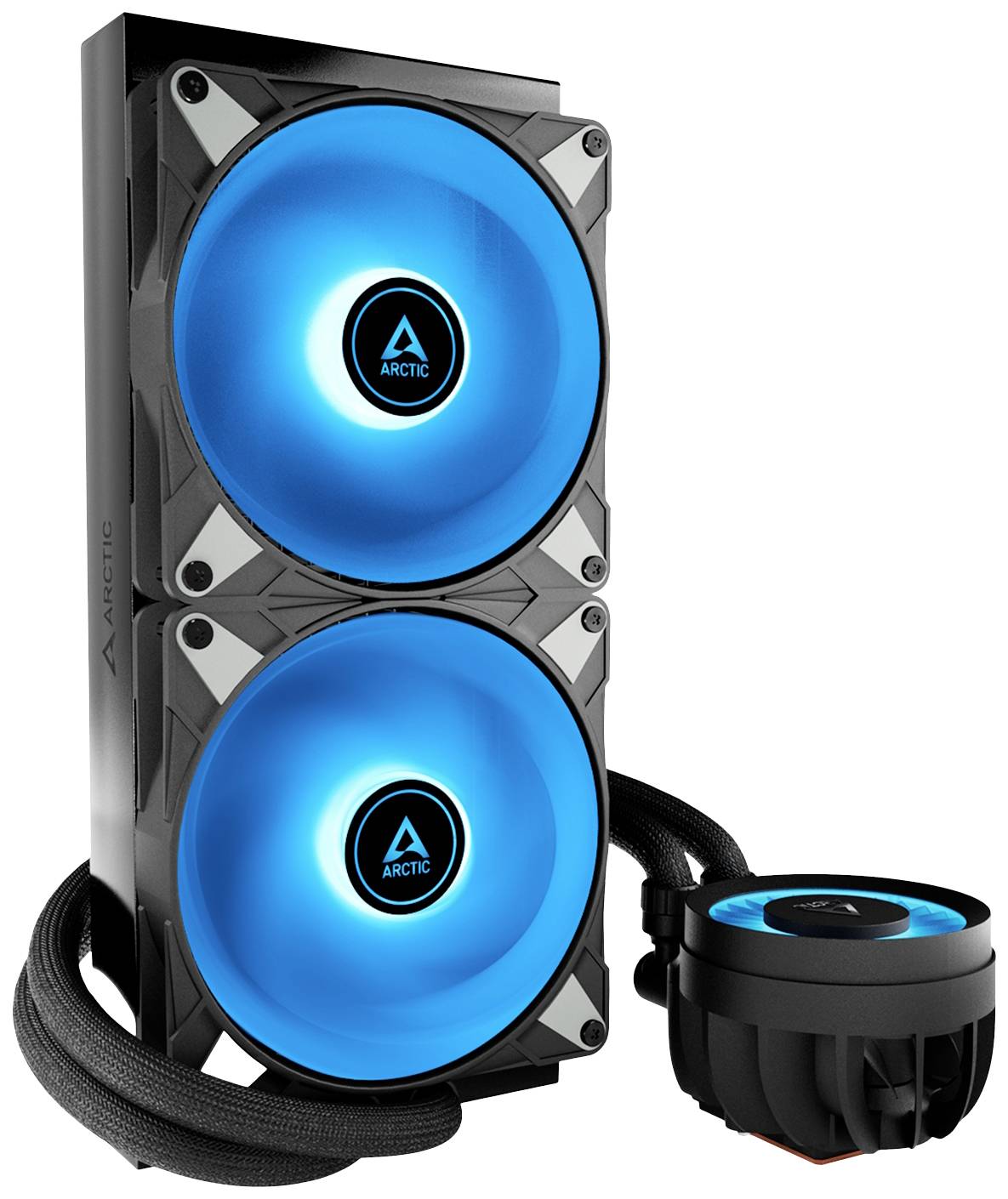 Un sistema di raffreddamento con due ventole blu luminose e un dissipatore di calore nero. Ideale per l'uso in PC per il controllo della temperatura.