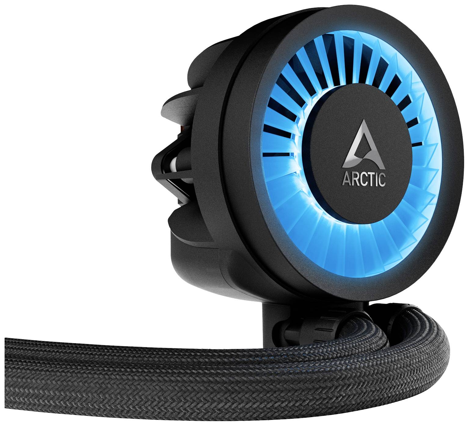 Radiatore con anello blu illuminato, logo del marchio al centro. Parte di un sistema di raffreddamento per computer.