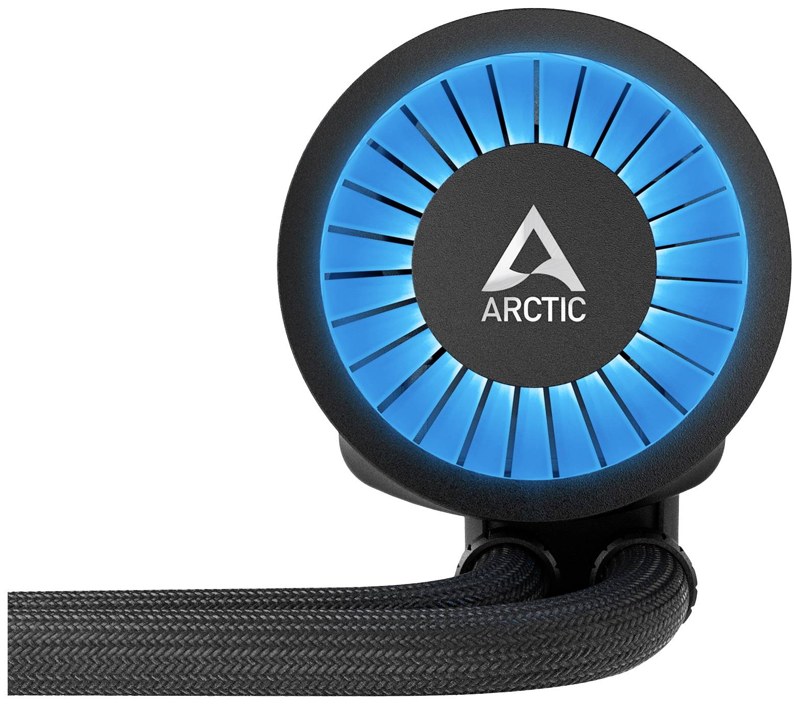 Pompa di raffreddamento a liquido nera con anello LED blu, logo centrale e due tubi collegati.