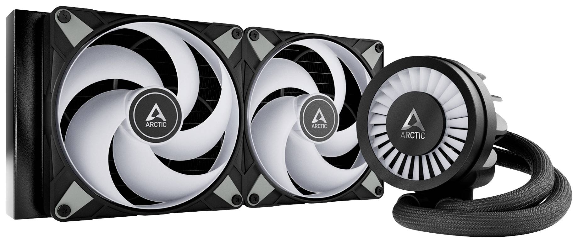 Sistema di raffreddamento a doppio ventilatore Arctic, composto da due ventole su un dissipatore di calore e una pompa con tubi, per computer.