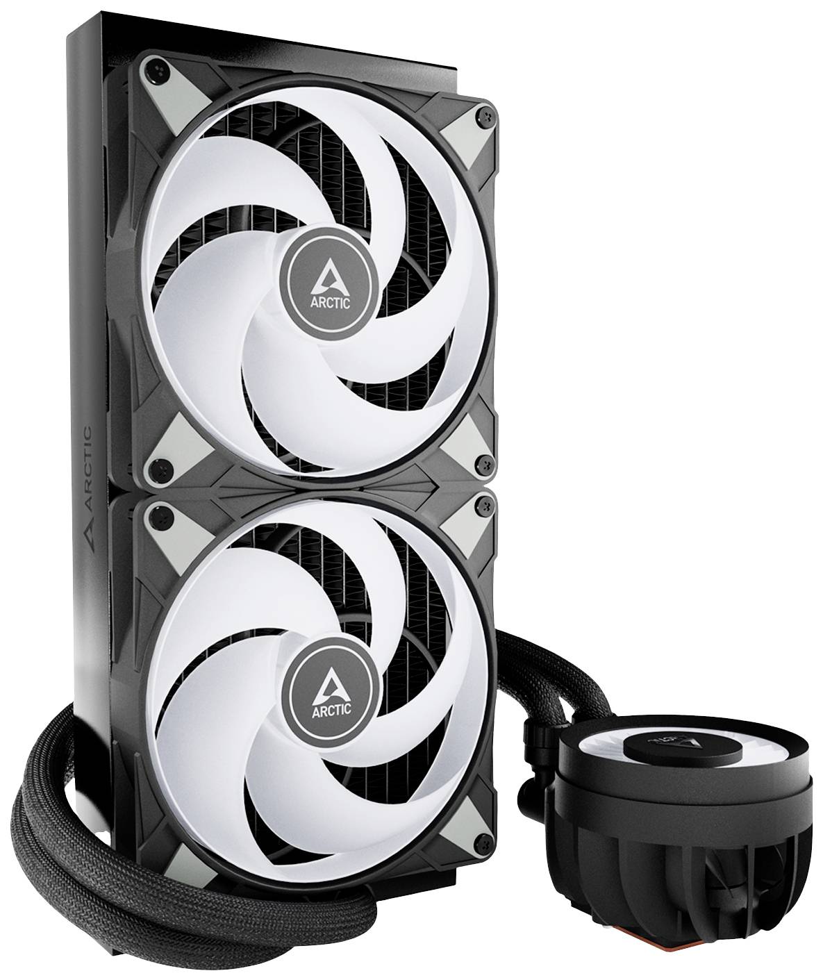 Ventola per computer con due grandi pale bianche e involucro nero, collegata a un sistema di raffreddamento nero in basso a destra.
