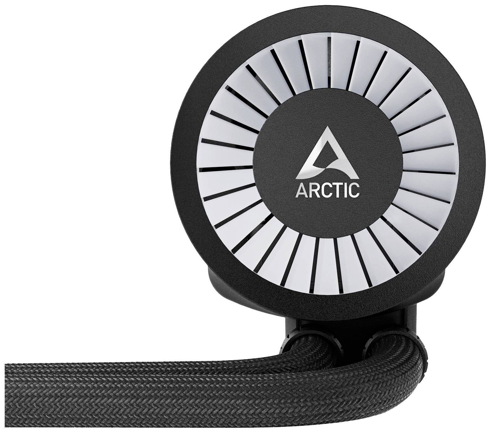 Logo 'ARCTIC' su un dispositivo circolare, presumibilmente un elemento di raffreddamento per computer. Due tubi neri escono dal dispositivo.