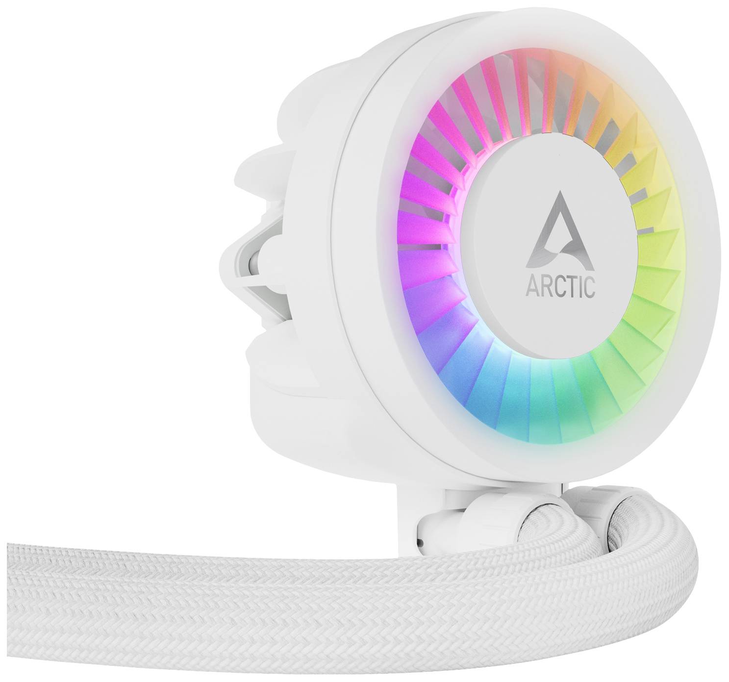 Ventola a griglia con logo ARCTIC al centro e illuminazione RGB colorata. La ventola è alloggiata in un involucro bianco con cavi.