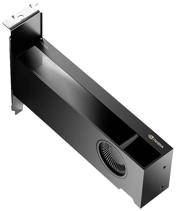 Una scheda grafica nera nel formato di un case con ventola visibile e logo NVIDIA. Idonea per il calcolo ad alte prestazioni.