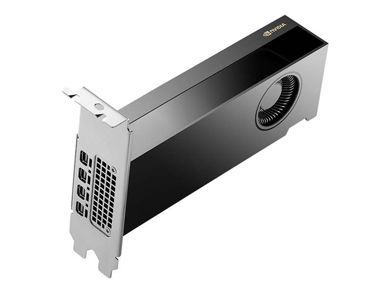 Scheda grafica in nero e argento con ventola; diversi connettori sul lato anteriore; marchio inciso nell'angolo.