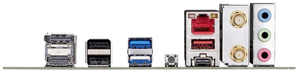 Una serie di interfacce per computer su una scheda madre: porte HDMI, porte USB, porta Ethernet e uscite audio.