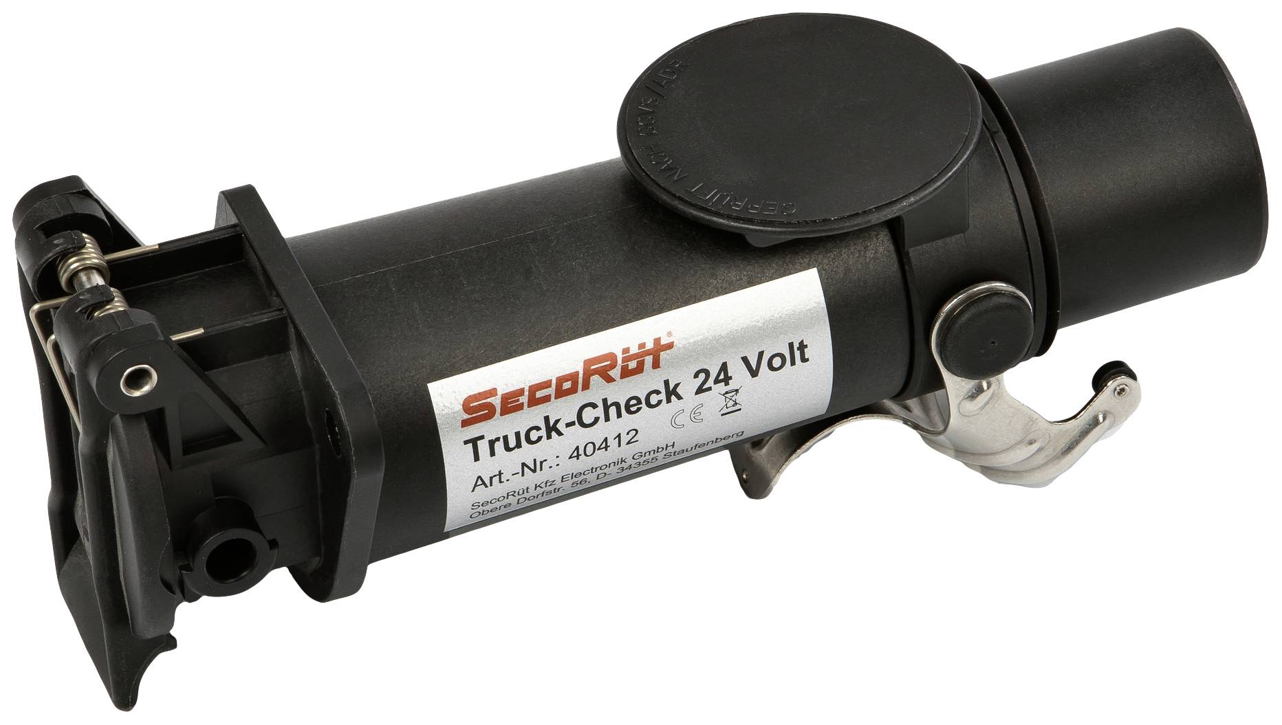 Un dispositivo di test nero da 24 volt con la scritta 'Truck-Check 24 Volt'. Ha un coperchio rotondo e una leva sul lato.