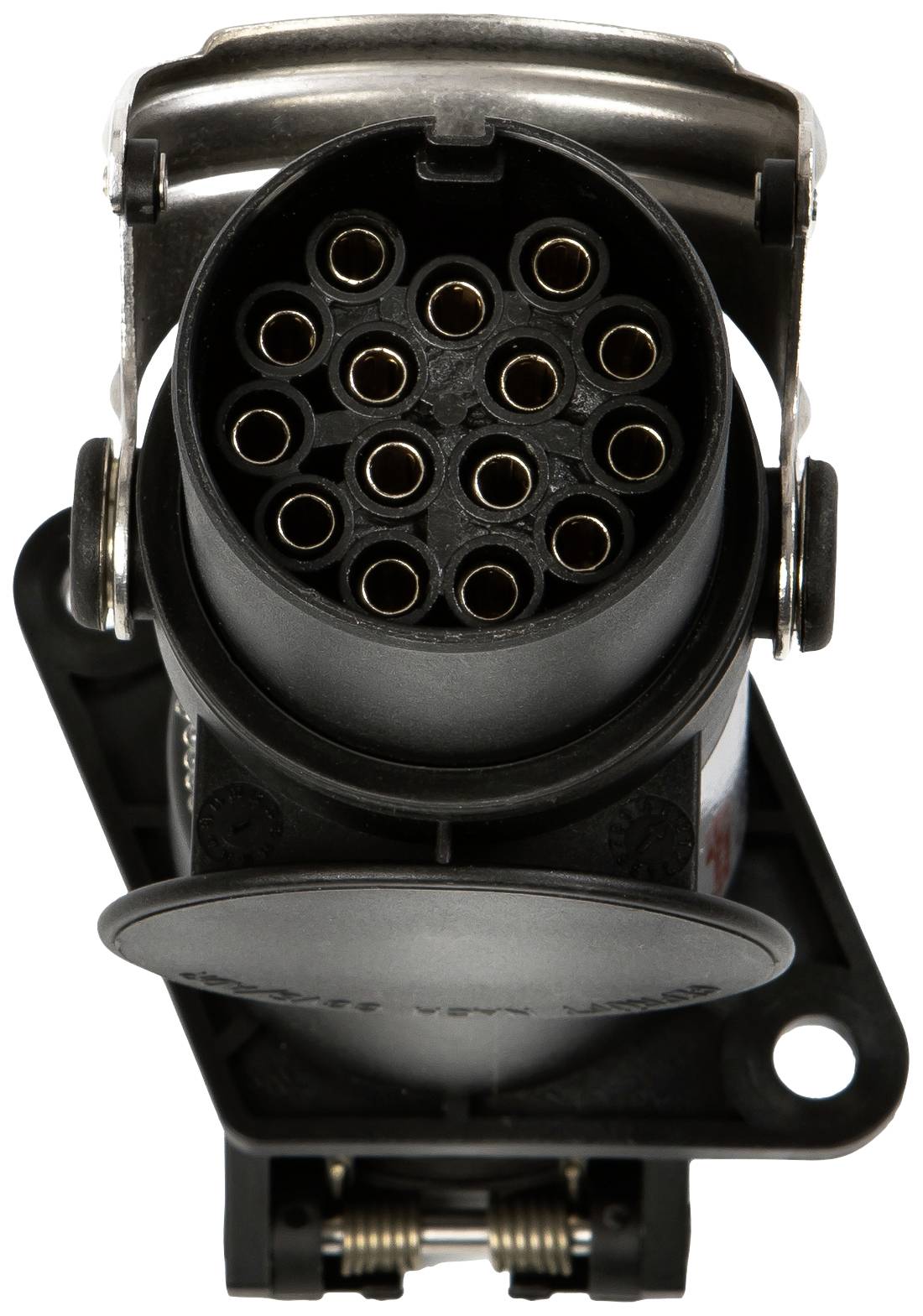 Veduta di un connettore circolare multipolare con più pin; progettato per il collegamento elettrico tra dispositivi.