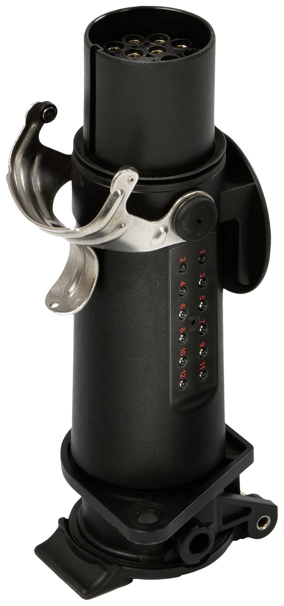 Un adattatore nero con ganci metallici, idoneo per connessioni elettriche nei sistemi per rimorchi; mostra i contatti di connessione e marcature rosse.