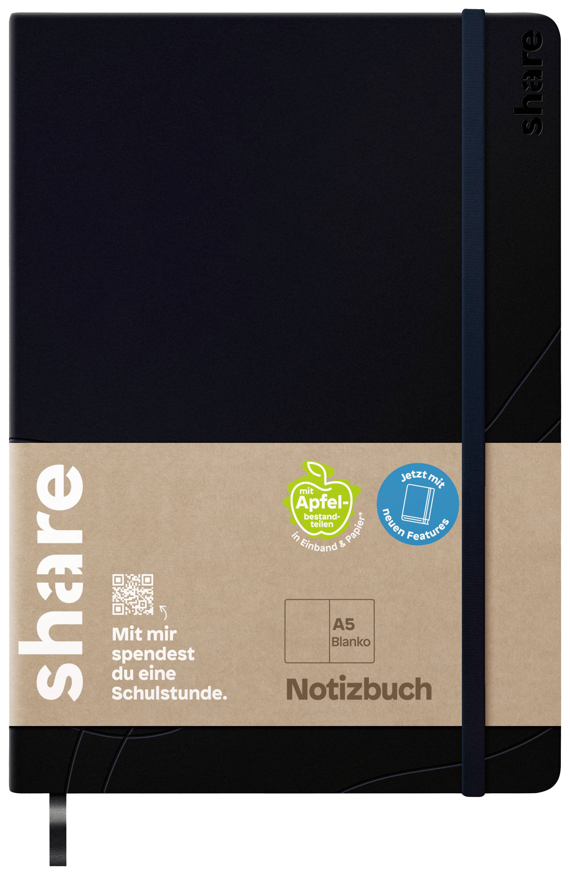 Quaderno nero A5 'share' con fascia marrone. Scritta: 'Con me doni un'ora di scuola'. Simbolo della mela per la sostenibilità.