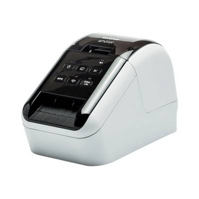 Una piccola stampante per etichette bianca con diversi tasti e un display sulla parte superiore. Ideale per stampare etichette indirizzo.