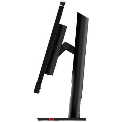 Un monitor per computer in vista laterale mostra un design sottile con custodia nera e un dettaglio rosso sul piedistallo.