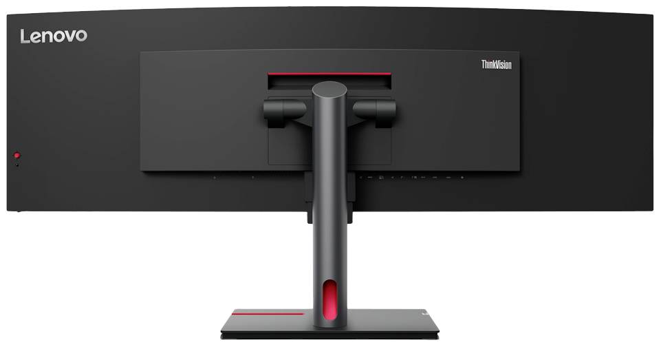 Un monitor visto da dietro con la scritta 'Lenovo' in alto a sinistra e 'ThinkVision' in alto a destra. Il piedistallo è centrato nel mezzo.