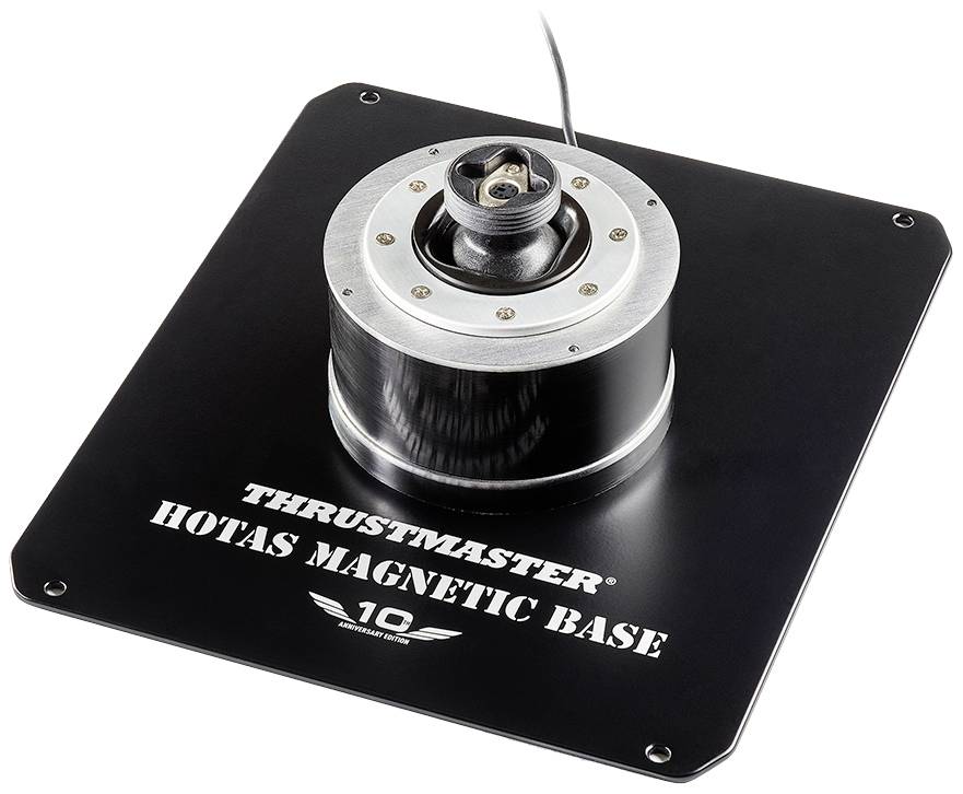 'Thrustmaster HOTAS Base Magnetica': Base magnetica nera per joystick, design robusto, adatta per simulazione di volo, vista dall'alto.