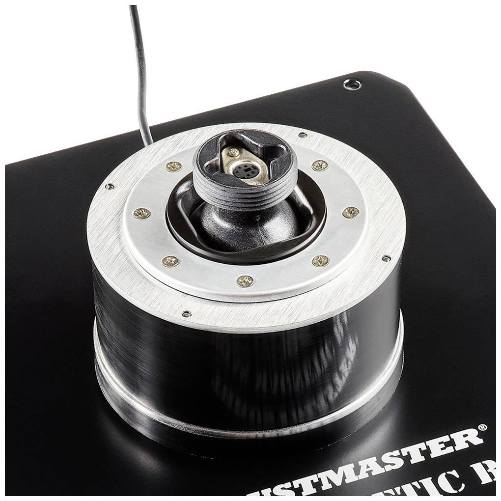 Elemento metallico nero con connettore centrale e cavo, parte di un dispositivo tecnico, su sfondo nero.