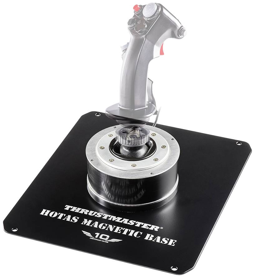 Joystick con base magnetica nera con scritta 'Thrustmaster HOTAS Magnetic Base'. Ideale per simulatori di volo.
