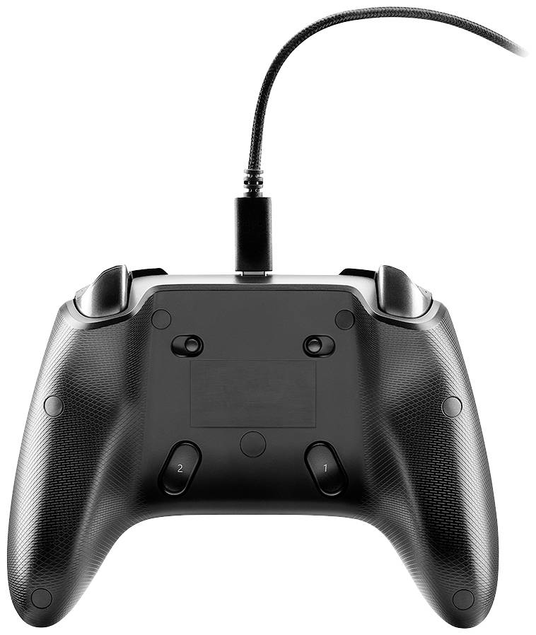Controller da gaming nero con cavo, vista posteriore che mostra due pulsanti e impugnature strutturate.