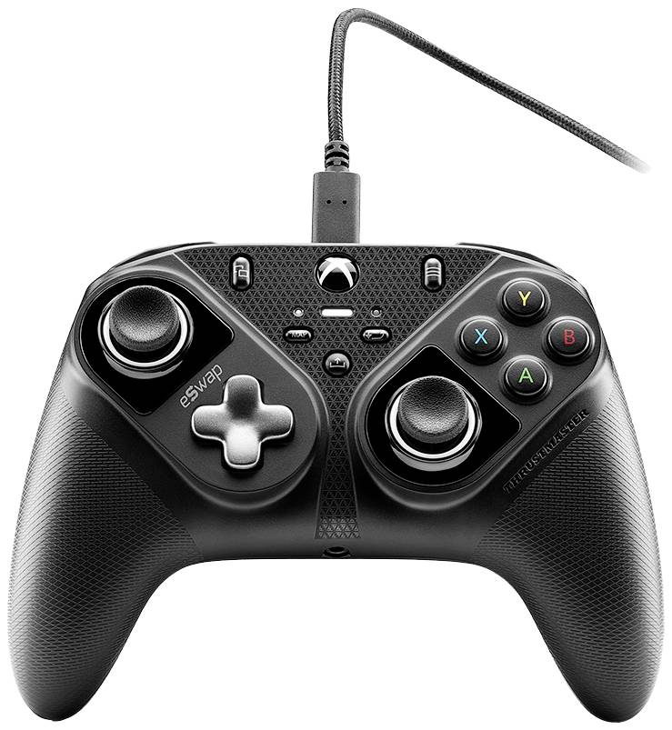 Controller gaming nero con cavo, due joystick, croce direzionale e quattro tasti d'azione colorati (X, Y, A, B) a destra.