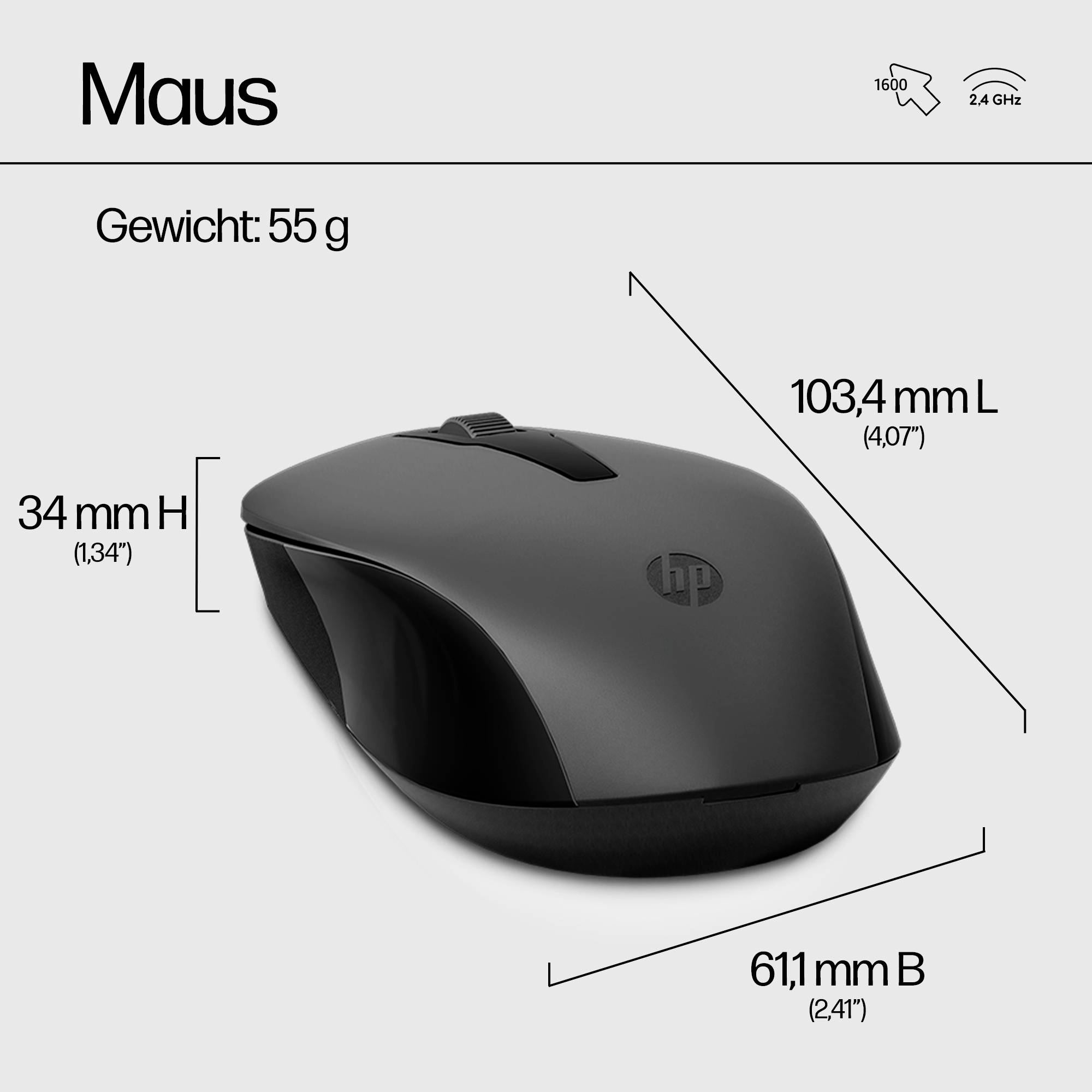 Mouse nero-grigia con dimensioni: 103,4 mm di lunghezza, 61,1 mm di larghezza e 34 mm di altezza. Peso: 55 g. Connessione tramite 2,4 GHz.