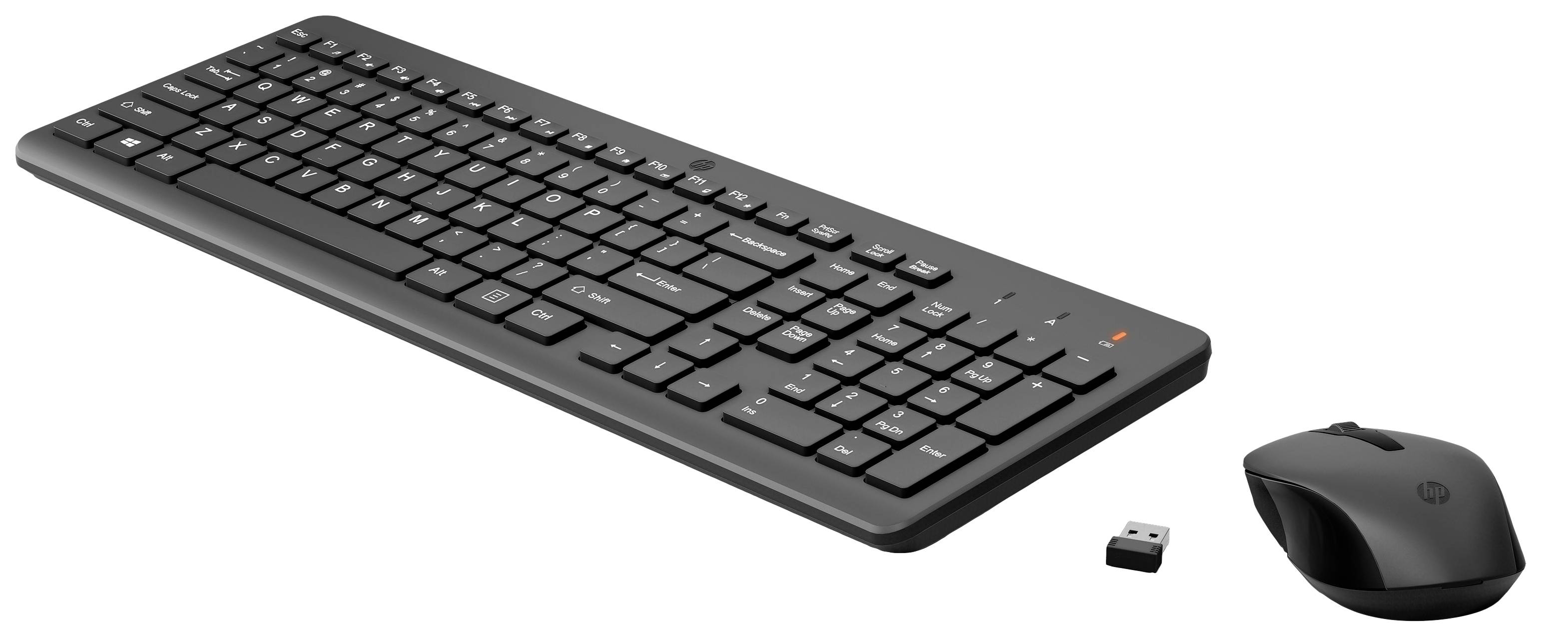 Set tastiera e mouse wireless in nero con ricevitore USB, adatto per uso ufficio e domestico.