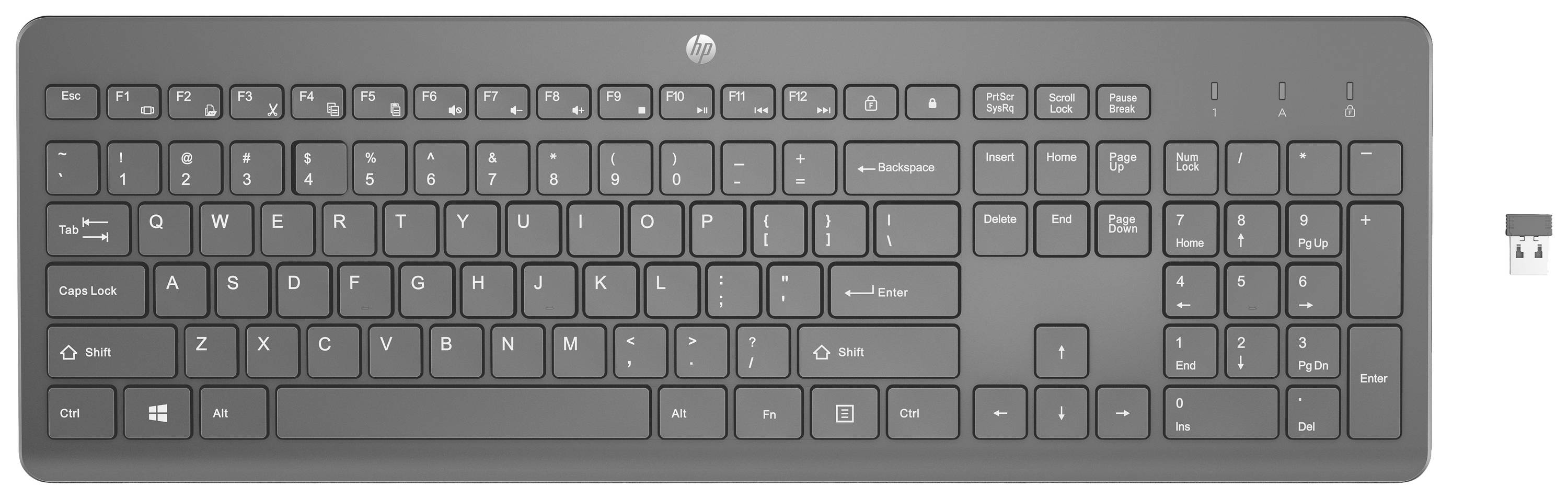 Una tastiera nera wireless con layout tedesco QWERTZ e un ricevitore USB posizionato accanto a destra.