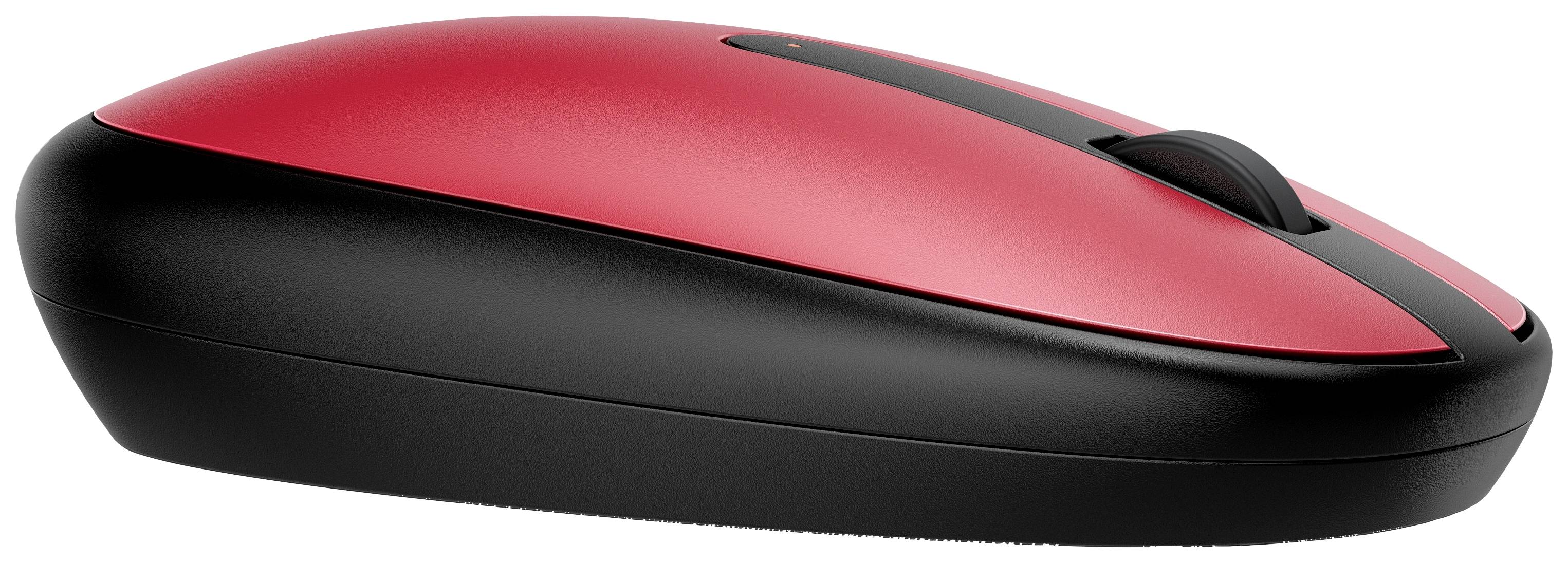 Mouse wireless in rosso e nero, vista laterale, che mostra il design ergonomico e la rotella di scorrimento.