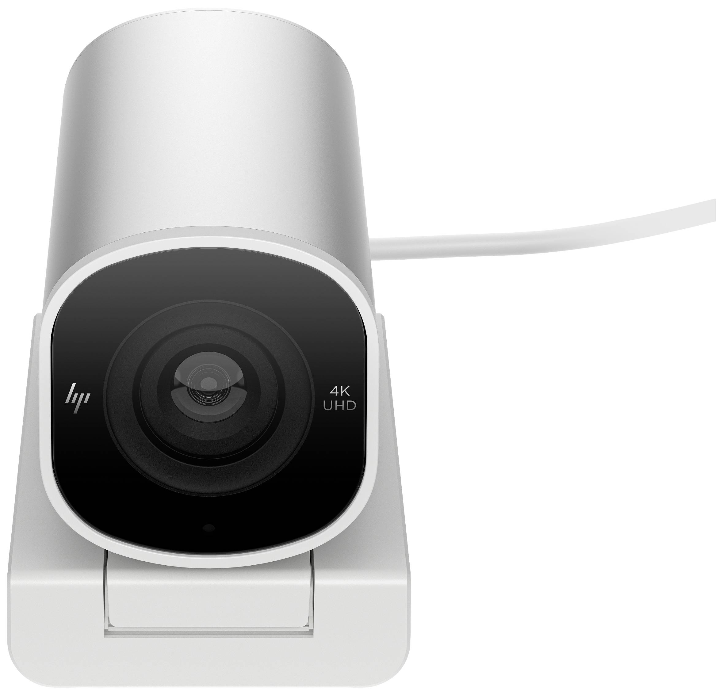 Una webcam bianca HP 4K-UHD con obiettivo circolare e cavo integrato. Ideale per riprese video ad alta risoluzione.